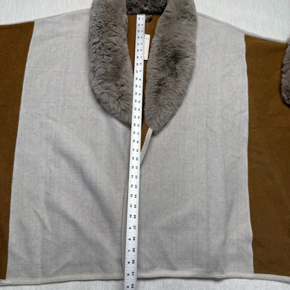 Max Studio Faux Fur Trim Poncho Scarf Cape Womens One Size Gray Camel Open Front